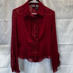 Bisou, Bisou, Red, Button Down, Ruffle Front Top, Size 8
